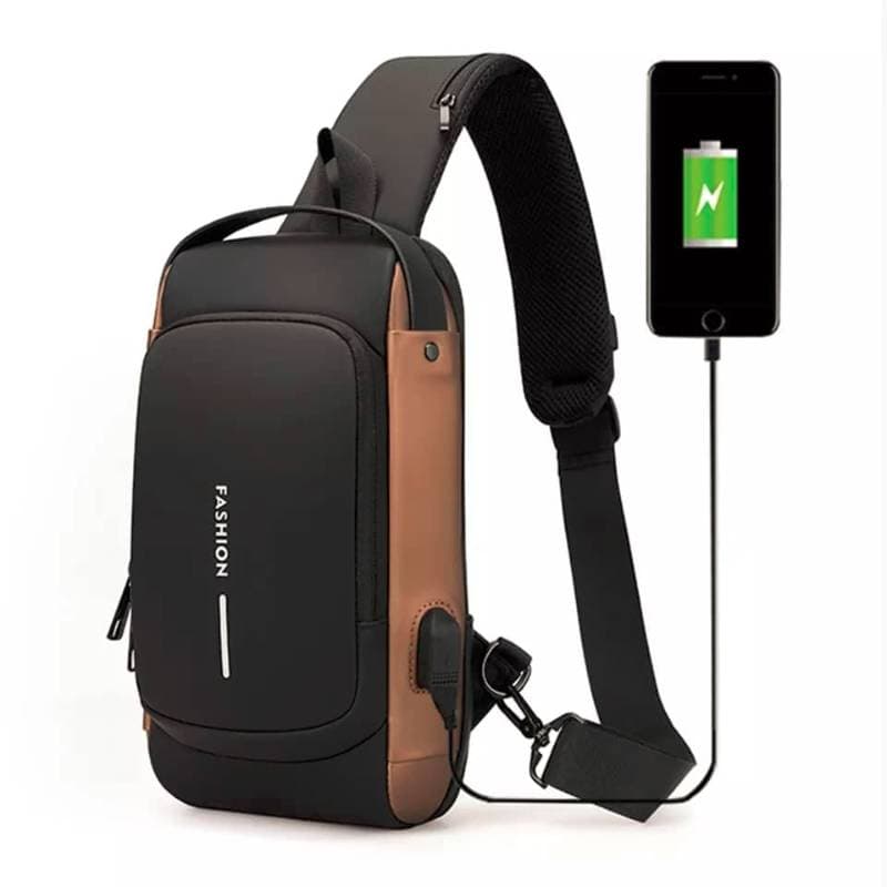 USB charging sport sling Anti-theft shoulder bag (brown shape ) 